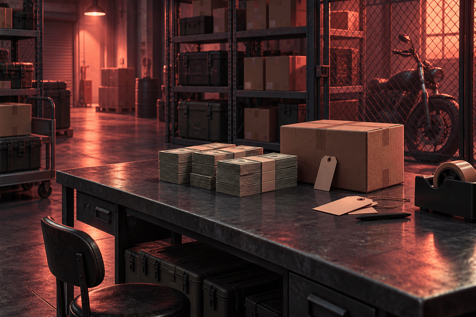 Concept illustration of an industrial inventory desk, sealed cartons and a motorcycle behind a cage partition